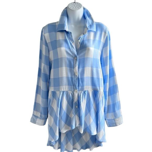 ALLEN B By Allen Schwartz Baby Blue And White Check Button Down Shirt Size M. - Picture 1 of 8